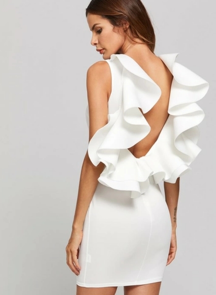NEW White Bodycon with Open Ruffled Back - Picture 3 of 7